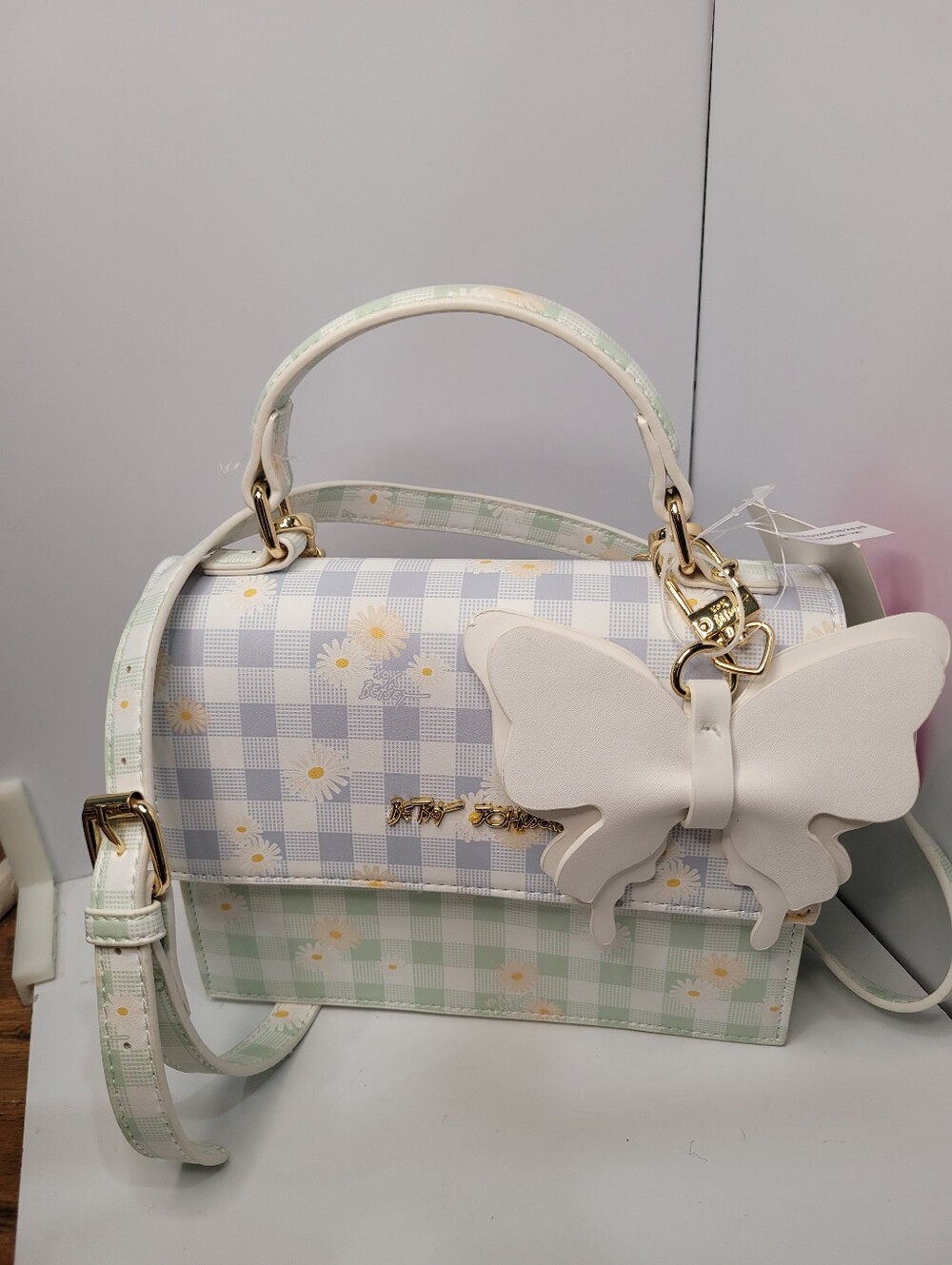 👉✨️Betsey  Johnson Pastel Gingham Butterfly Top-Handle Bag - White/green/blue